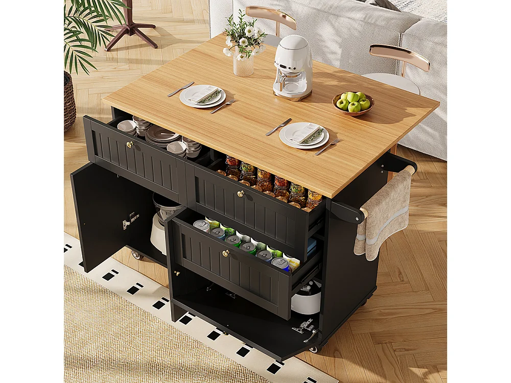 Buffet de cuisine îlot de cuisine moderne veinures bois table à manger multifonctionnelle espace rangement chariot armoires extensibles noir