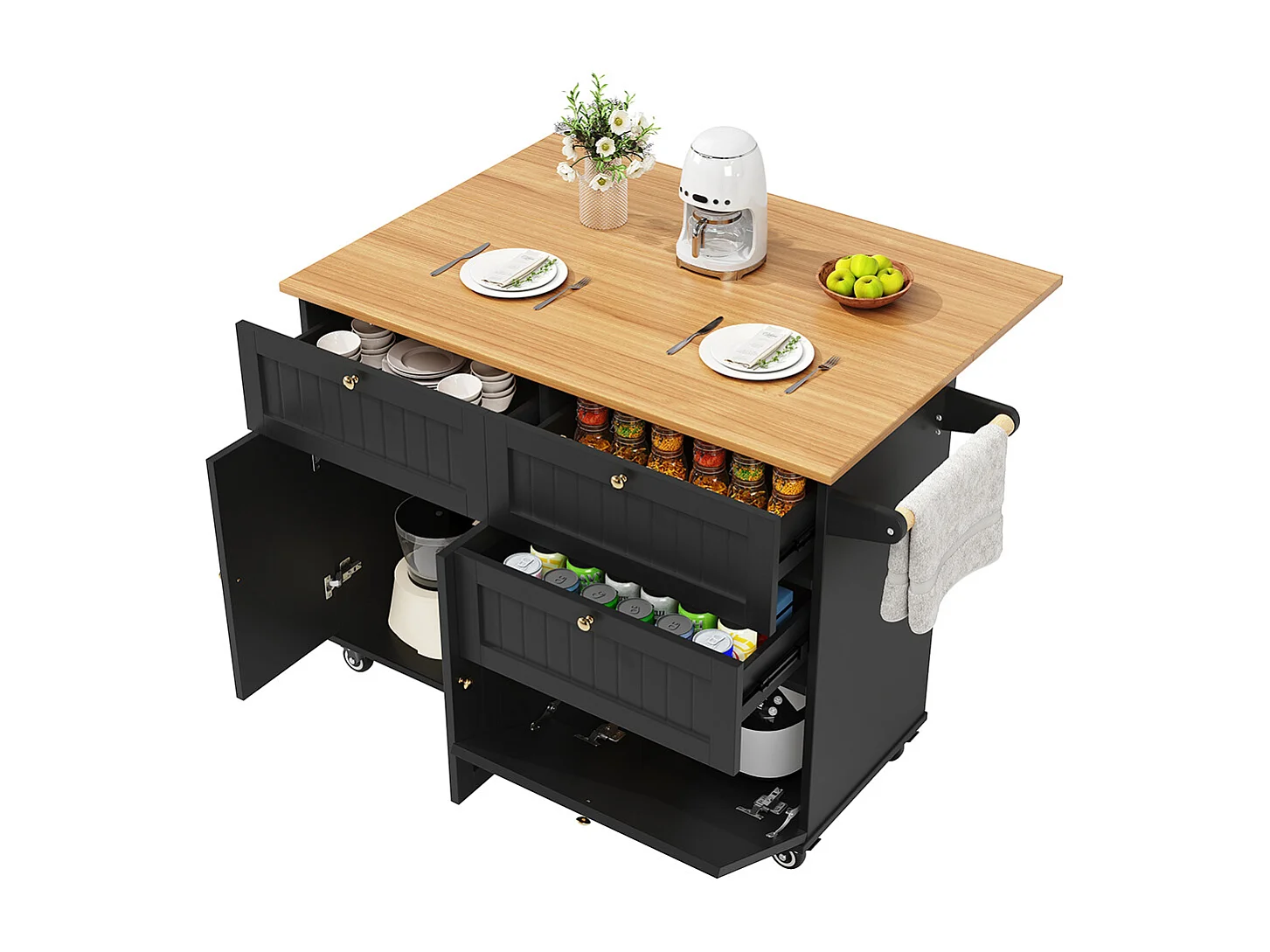 Buffet de cuisine îlot de cuisine moderne veinures bois table à manger multifonctionnelle espace rangement chariot armoires extensibles noir