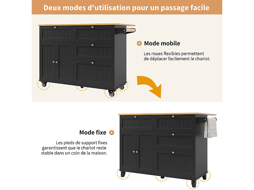 Buffet de cuisine îlot de cuisine moderne veinures bois table à manger multifonctionnelle espace rangement chariot armoires extensibles noir