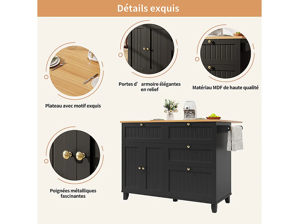 Buffet de cuisine îlot de cuisine moderne veinures bois table à manger multifonctionnelle espace rangement chariot armoires extensibles noir