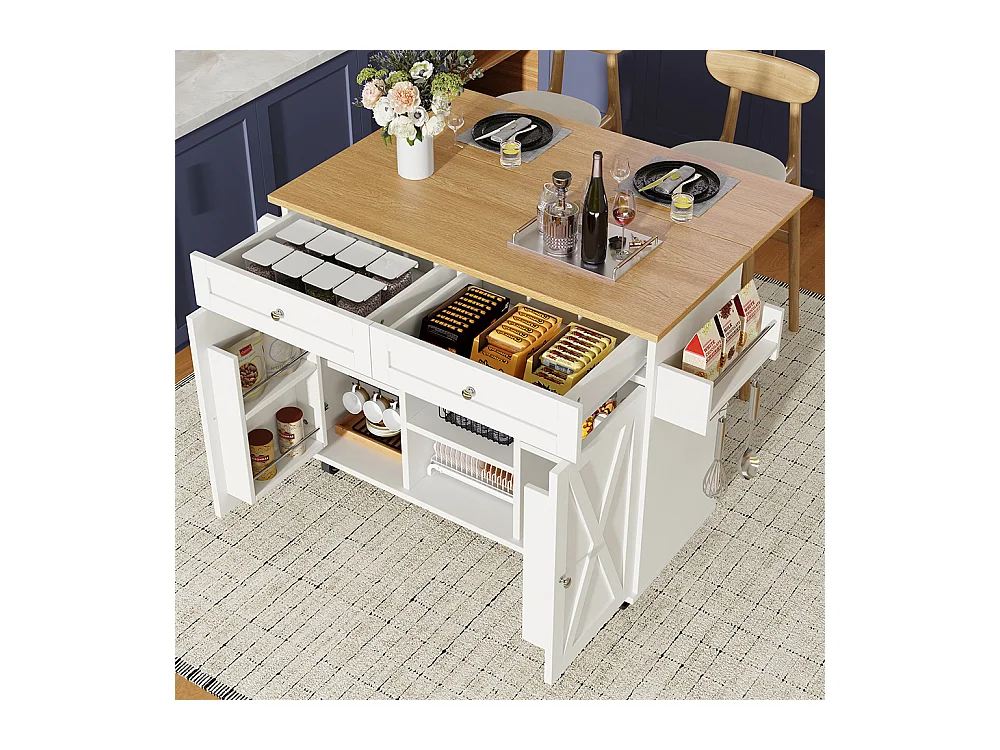 Buffet de cuisine moderne chariot service grain de bois table à manger multifonctionnelle espace rangement étagères snacks blanc