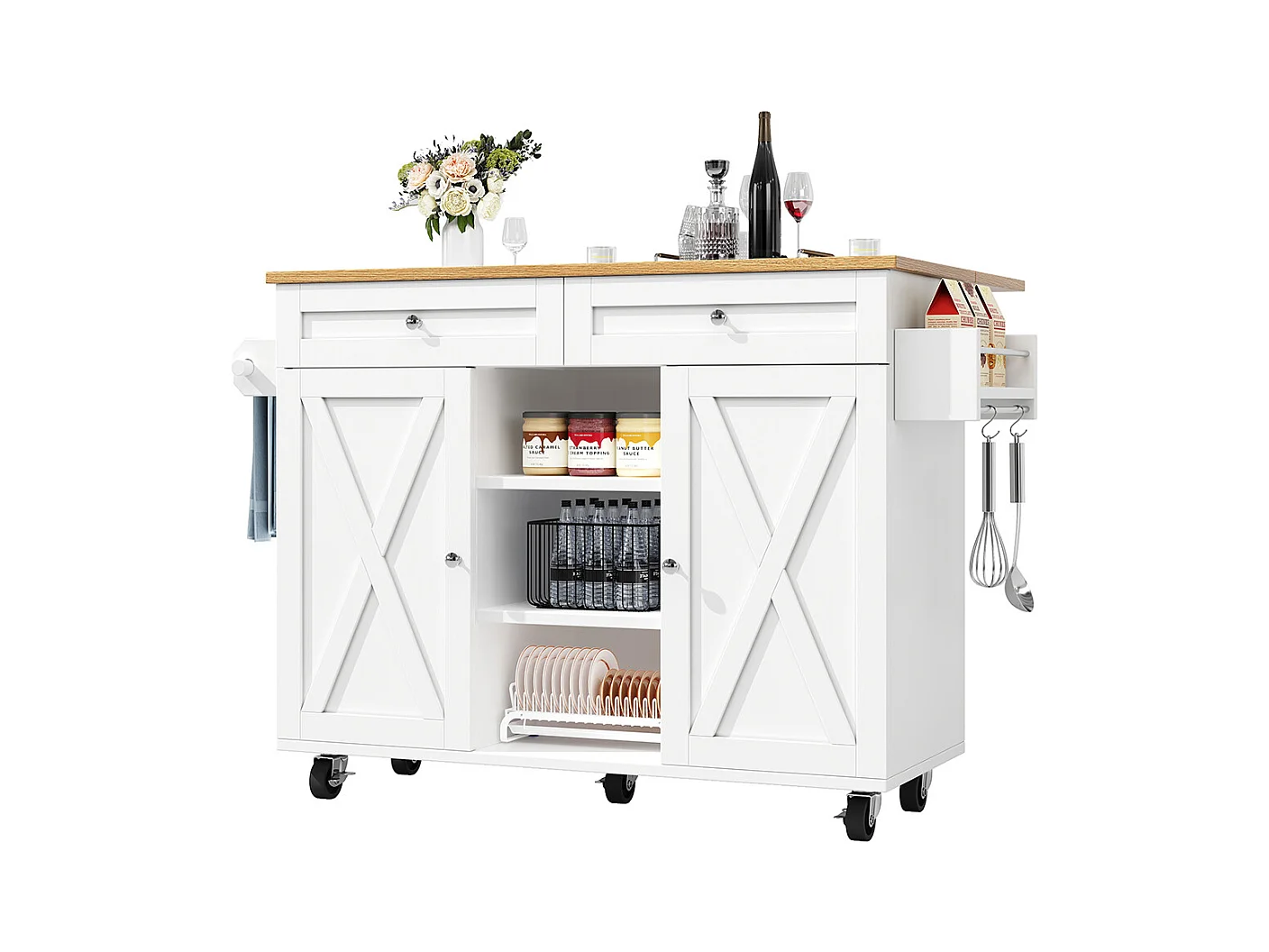 Buffet de cuisine moderne chariot service grain de bois table à manger multifonctionnelle espace rangement étagères snacks blanc