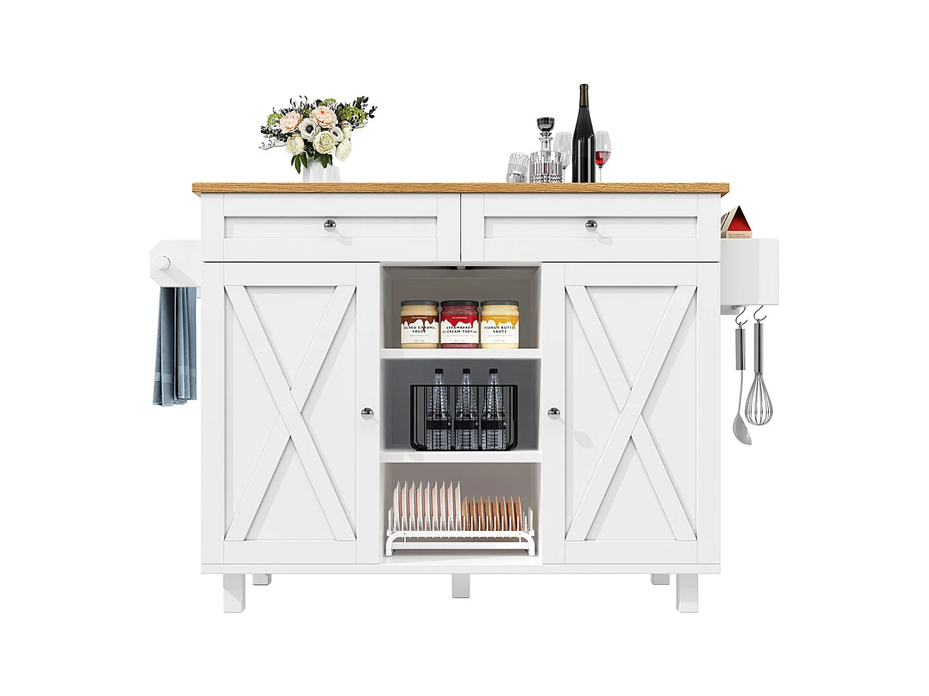 Buffet de cuisine moderne chariot service grain de bois table à manger multifonctionnelle espace rangement étagères snacks blanc