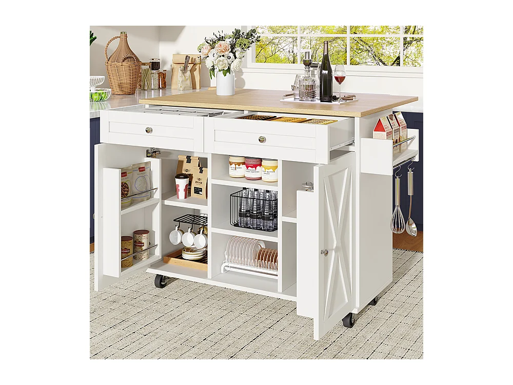 Buffet de cuisine moderne chariot service grain de bois table à manger multifonctionnelle espace rangement étagères snacks blanc