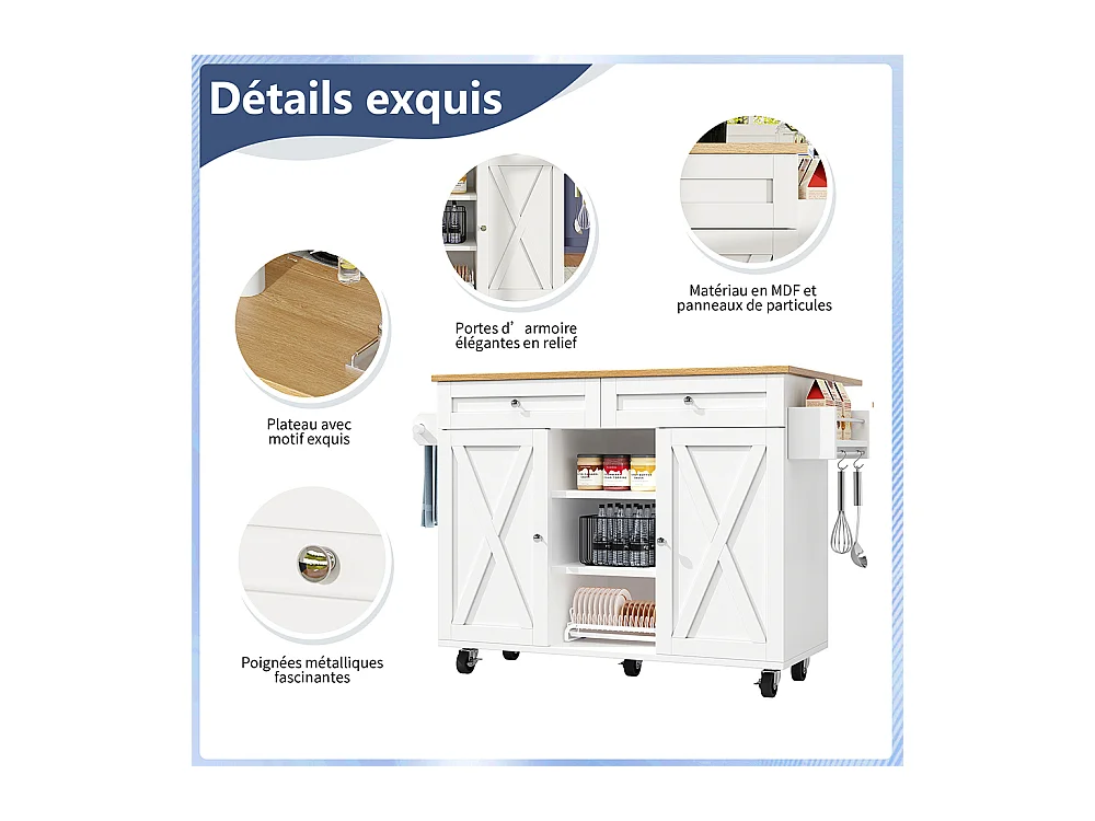 Buffet de cuisine moderne chariot service grain de bois table à manger multifonctionnelle espace rangement étagères snacks blanc