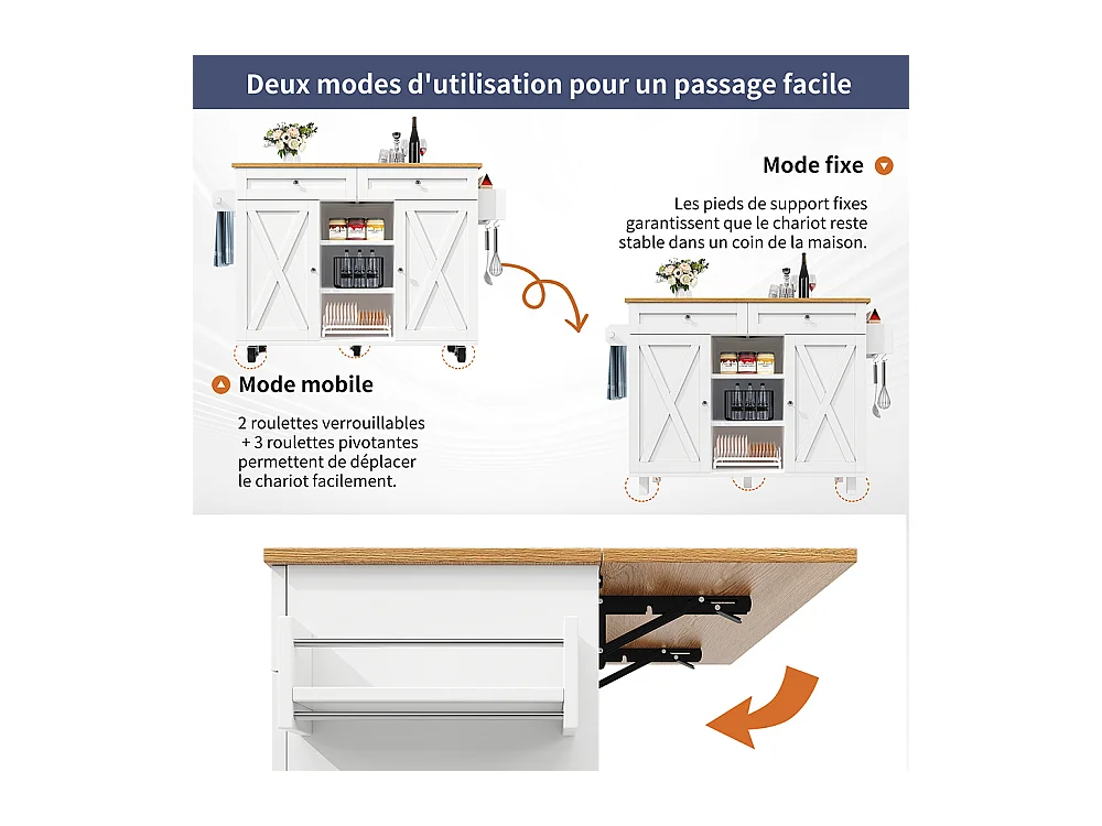 Buffet de cuisine moderne chariot service grain de bois table à manger multifonctionnelle espace rangement étagères snacks blanc