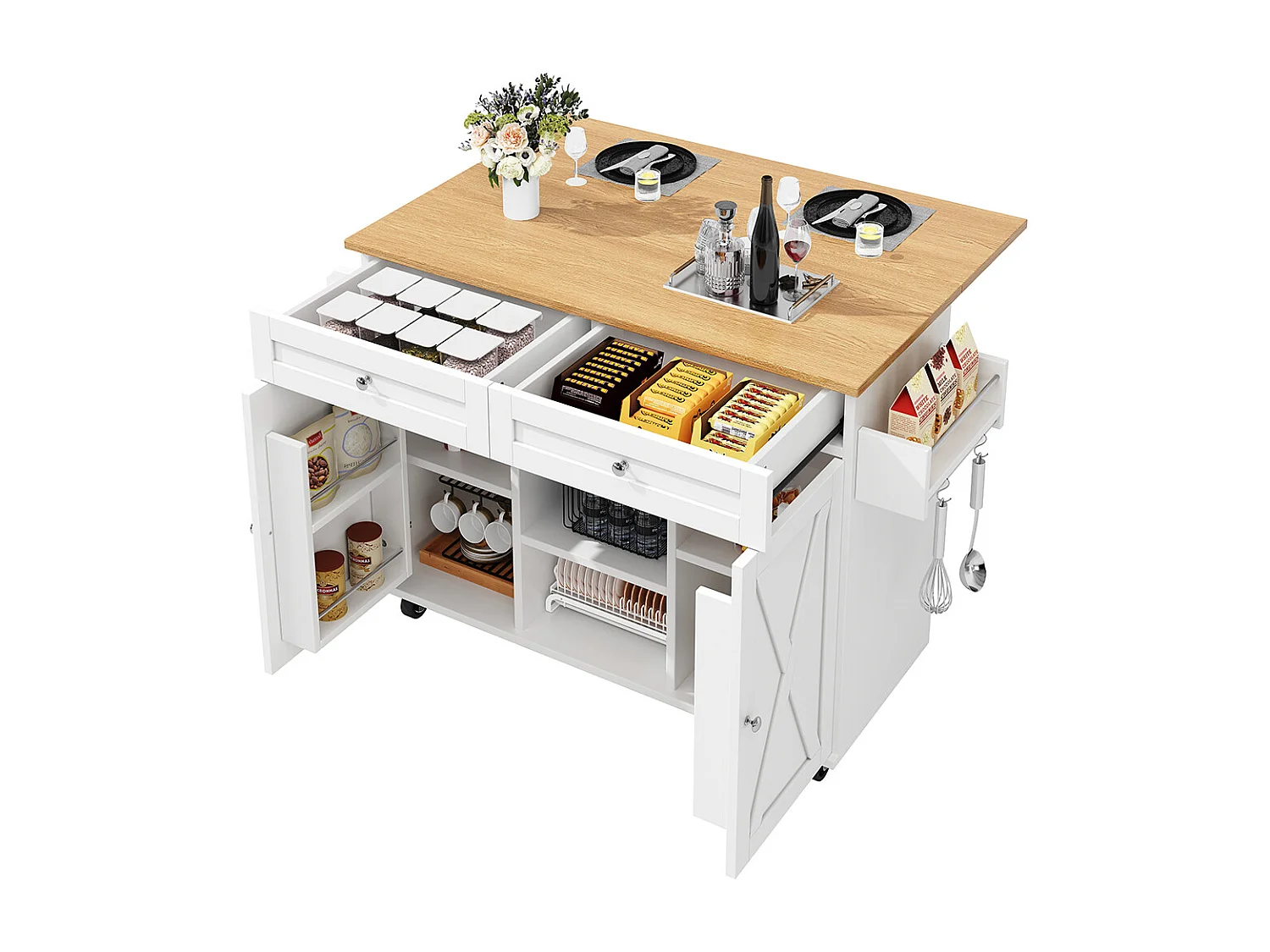 Buffet de cuisine moderne chariot service grain de bois table à manger multifonctionnelle espace rangement étagères snacks blanc