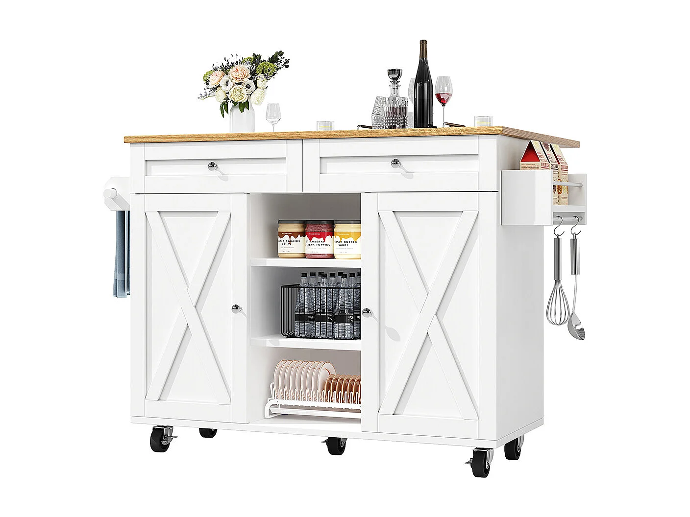 Buffet de cuisine moderne chariot service grain de bois table à manger multifonctionnelle espace rangement étagères snacks blanc