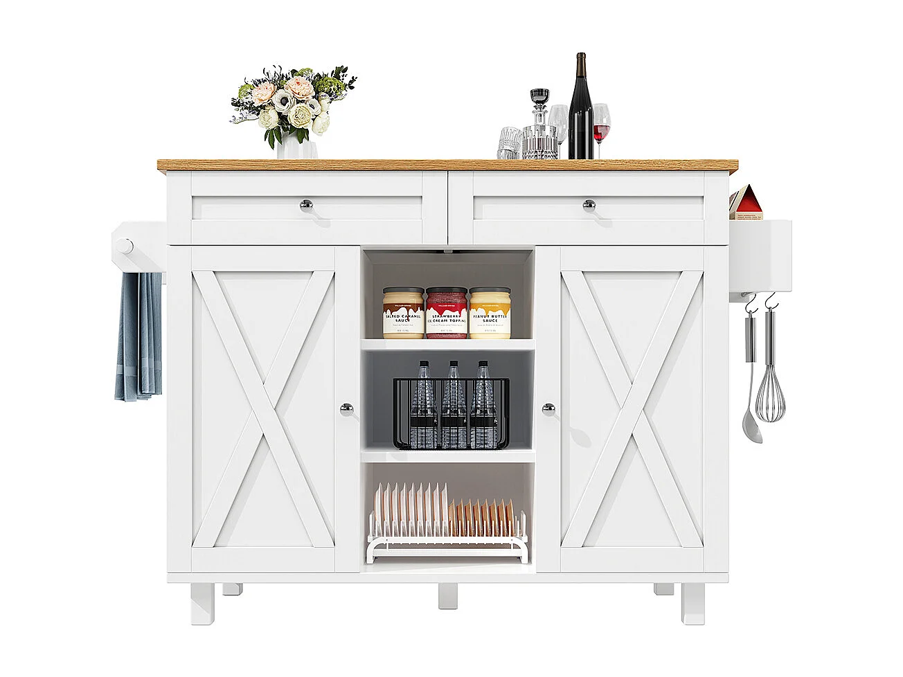 Buffet de cuisine moderne chariot service grain de bois table à manger multifonctionnelle espace rangement étagères snacks blanc