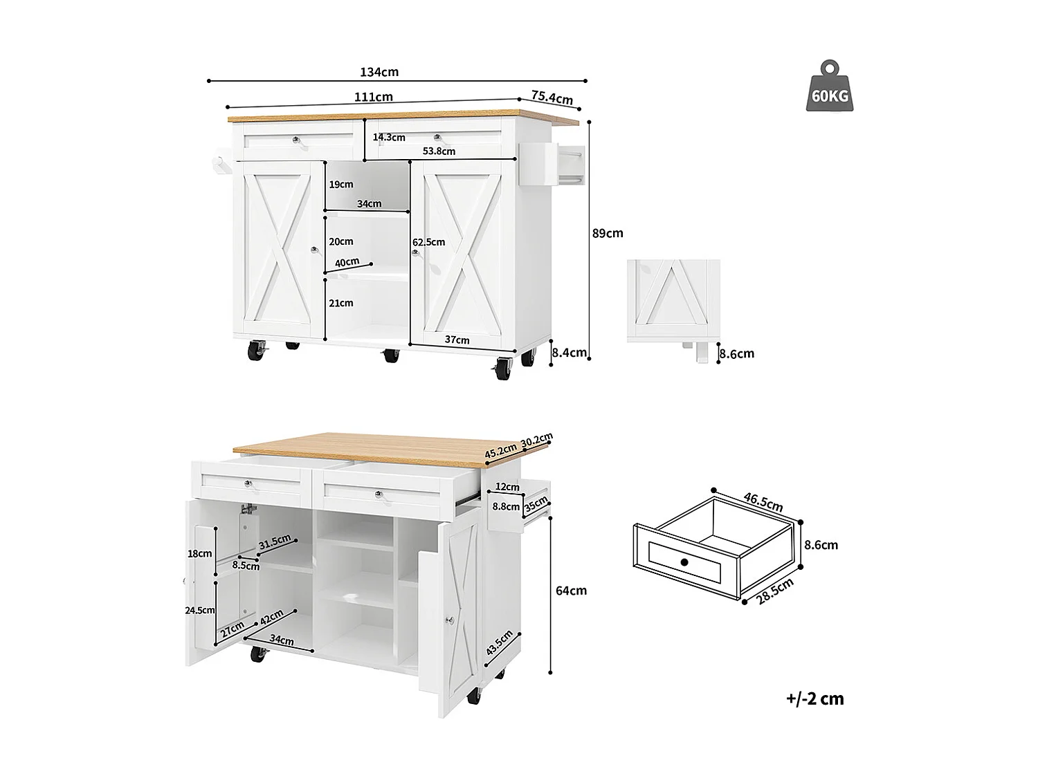Buffet de cuisine moderne chariot service grain de bois table à manger multifonctionnelle espace rangement étagères snacks blanc