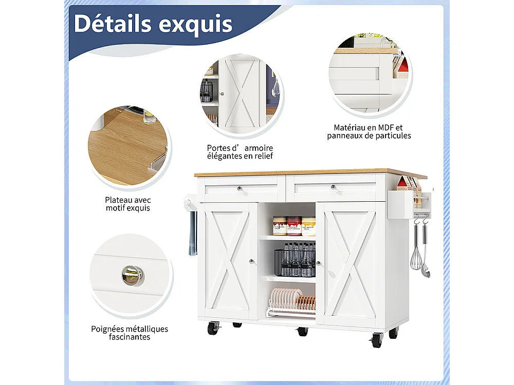 Buffet de cuisine moderne chariot service grain de bois table à manger multifonctionnelle espace rangement étagères snacks blanc