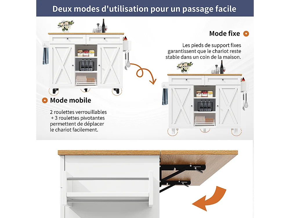 Buffet de cuisine moderne chariot service grain de bois table à manger multifonctionnelle espace rangement étagères snacks blanc