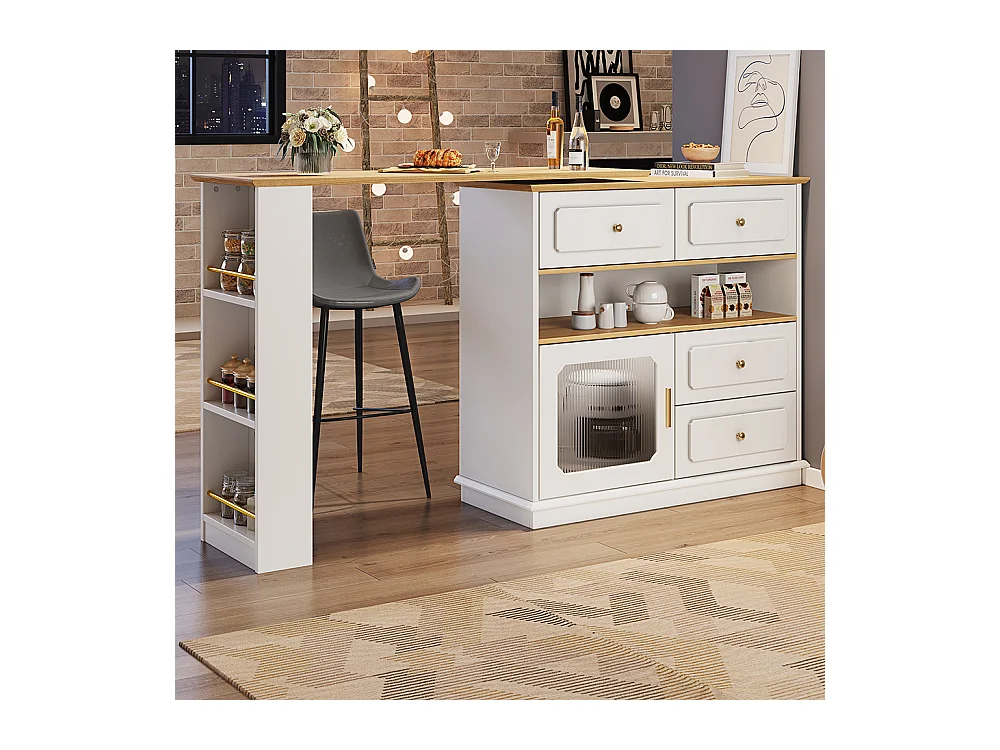 Buffet de cuisine table de bar extensible espace rangement pivotante 360° mobile moderne table haute table bistrot étagères verre blanc