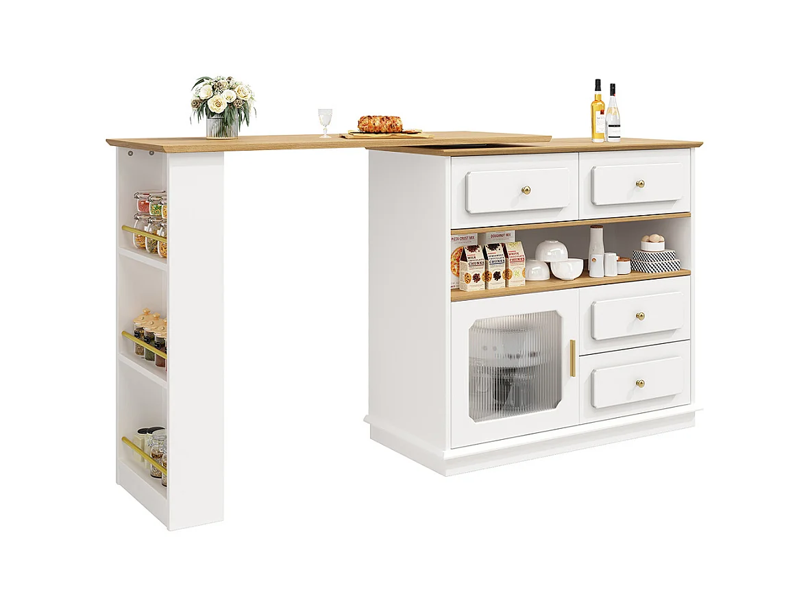 Buffet de cuisine table de bar extensible espace rangement pivotante 360° mobile moderne table haute table bistrot étagères verre blanc