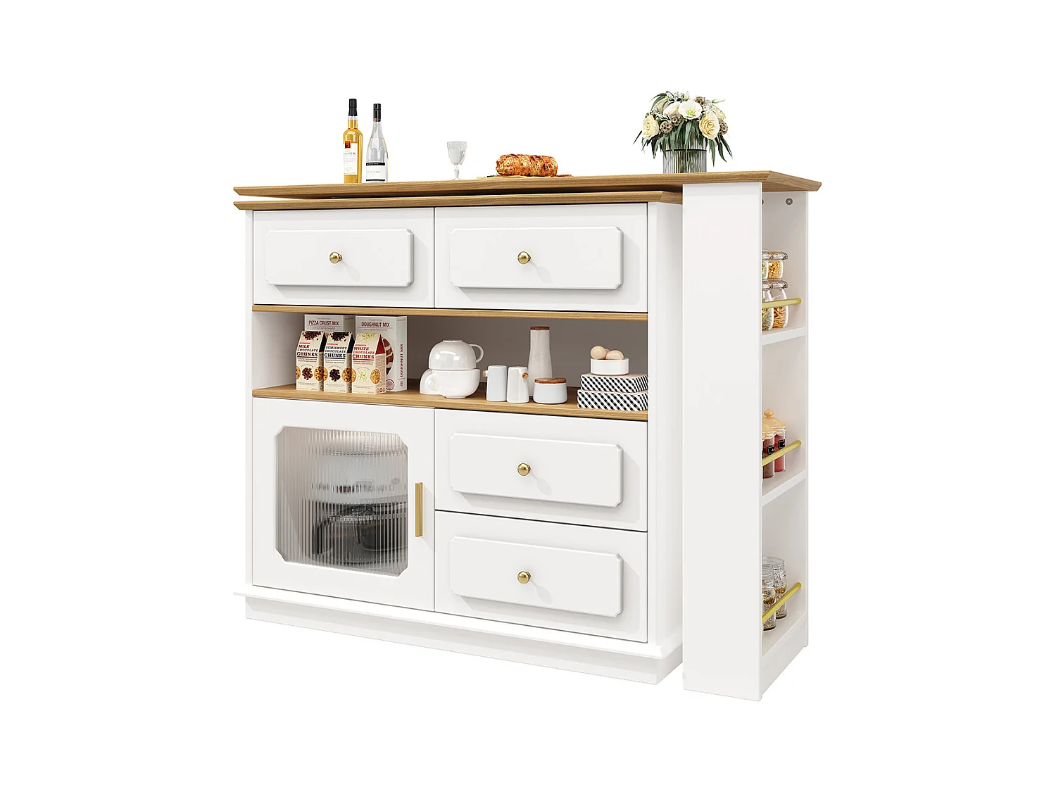 Buffet de cuisine table de bar extensible espace rangement pivotante 360° mobile moderne table haute table bistrot étagères verre blanc