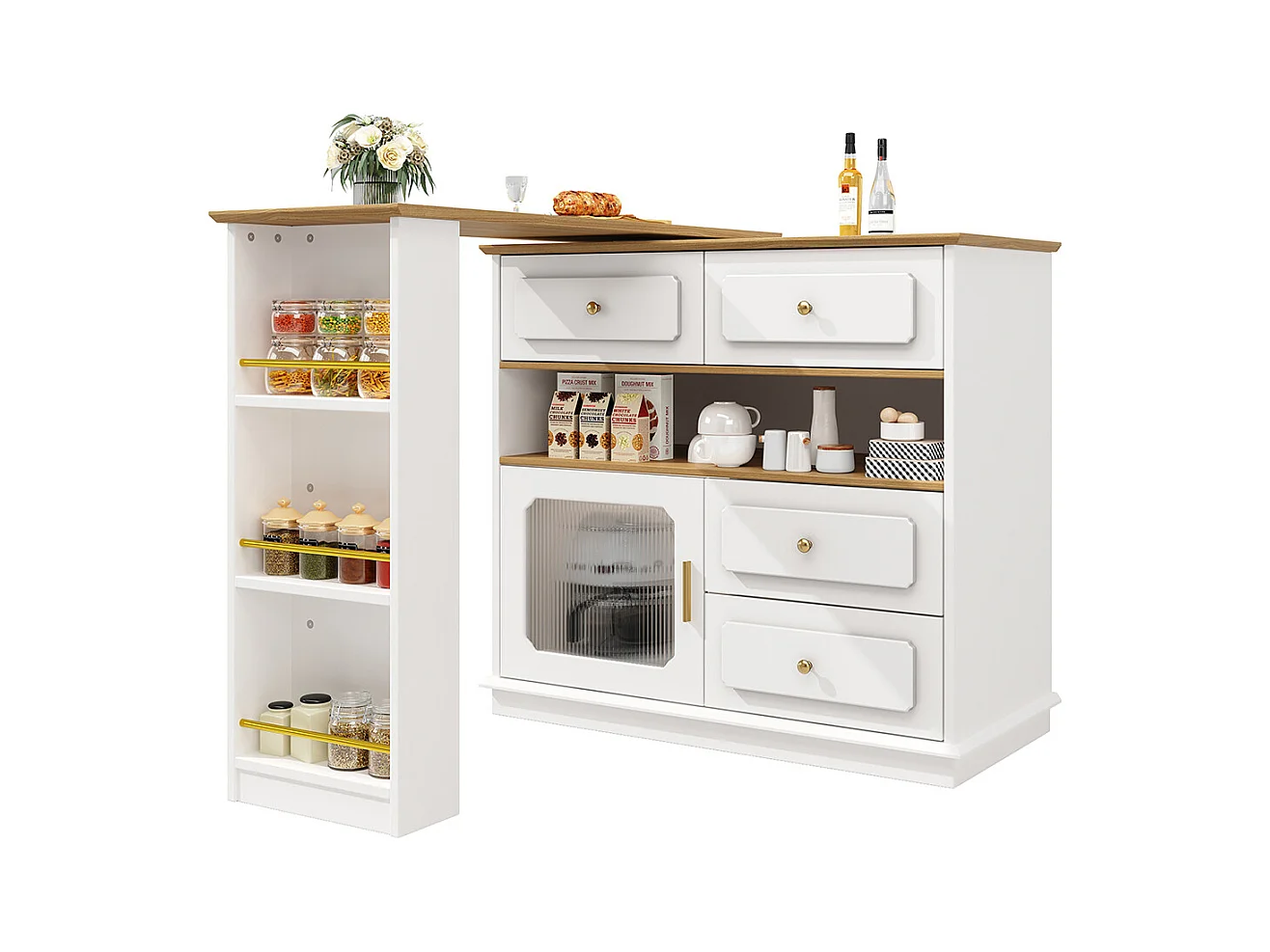 Buffet de cuisine table de bar extensible espace rangement pivotante 360° mobile moderne table haute table bistrot étagères verre blanc