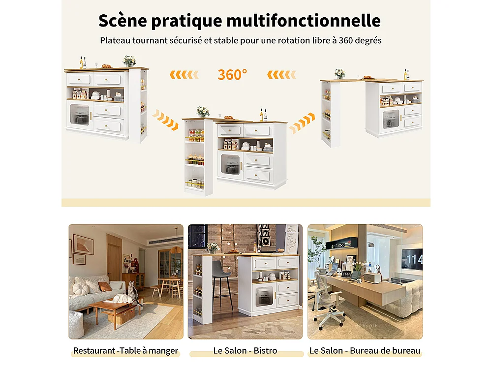 Buffet de cuisine table de bar extensible espace rangement pivotante 360° mobile moderne table haute table bistrot étagères verre blanc
