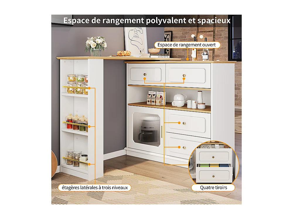 Buffet de cuisine table de bar extensible espace rangement pivotante 360° mobile moderne table haute table bistrot étagères verre blanc