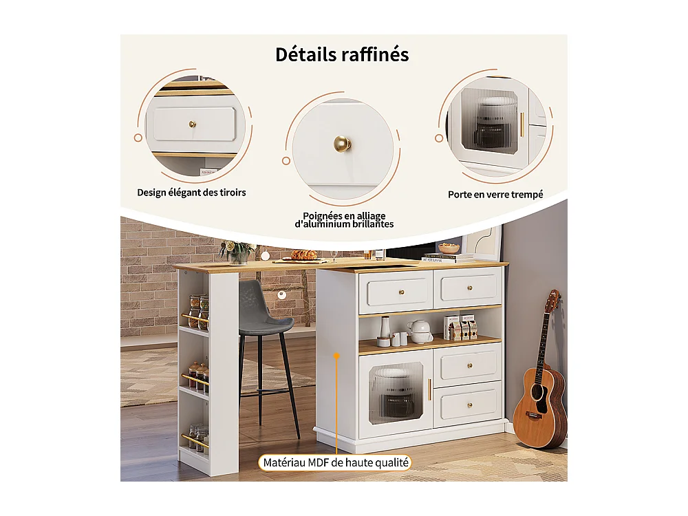 Buffet de cuisine table de bar extensible espace rangement pivotante 360° mobile moderne table haute table bistrot étagères verre blanc