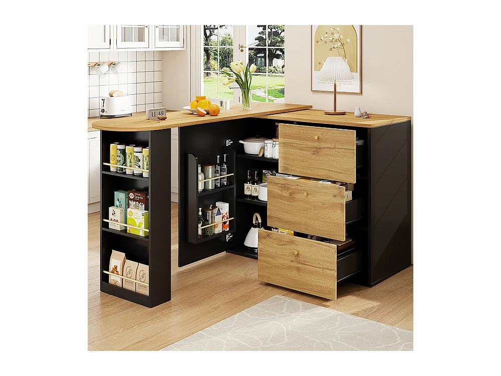 Buffet de cuisine table de bar extensible espace rangement plateau pivotant 360° moderne mobile table haute cuisine table bistrot grain de bois noir