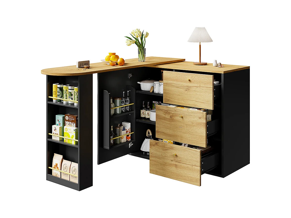 Buffet de cuisine table de bar extensible espace rangement plateau pivotant 360° moderne mobile table haute cuisine table bistrot grain de bois noir