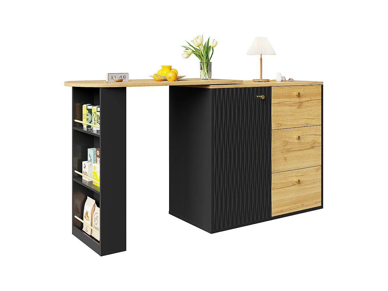 Buffet de cuisine table de bar extensible espace rangement plateau pivotant 360° moderne mobile table haute cuisine table bistrot grain de bois noir