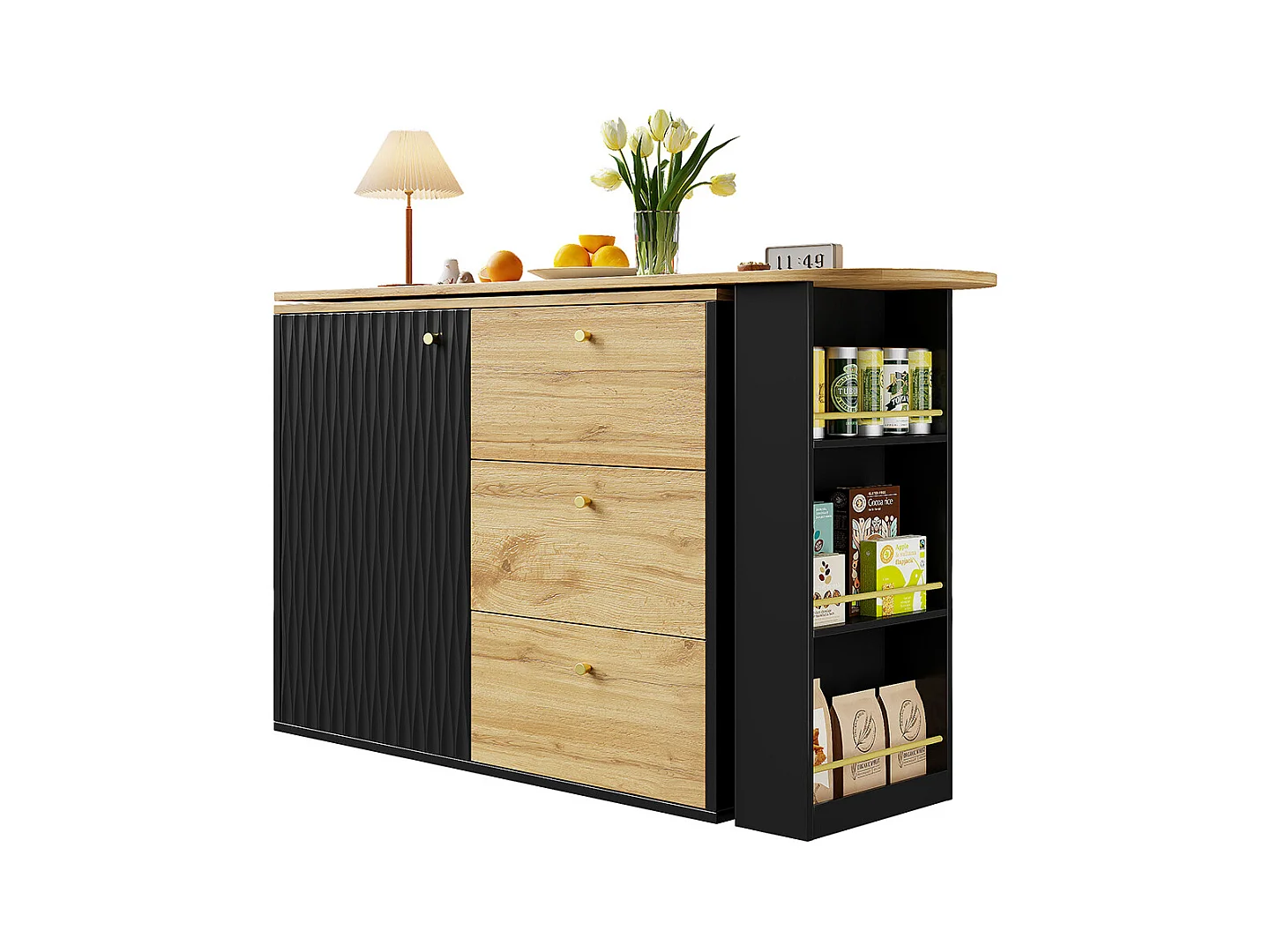 Buffet de cuisine table de bar extensible espace rangement plateau pivotant 360° moderne mobile table haute cuisine table bistrot grain de bois noir