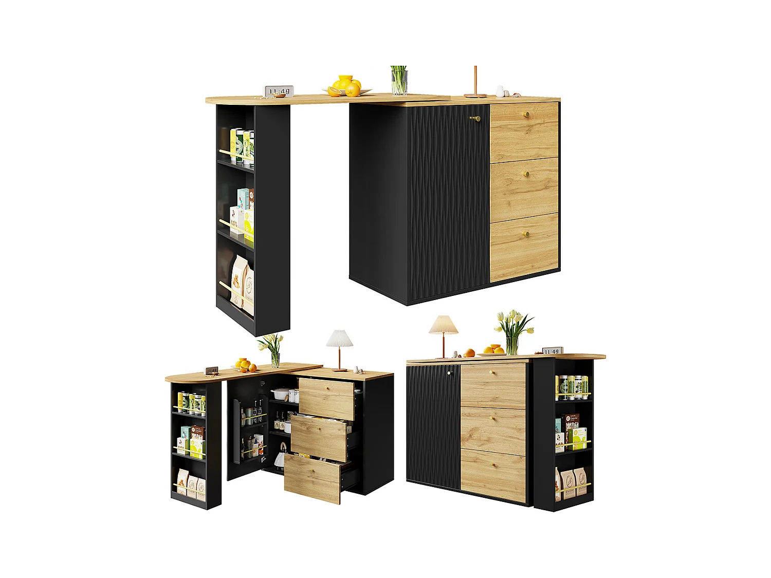 Buffet de cuisine table de bar extensible espace rangement plateau pivotant 360° moderne mobile table haute cuisine table bistrot grain de bois noir