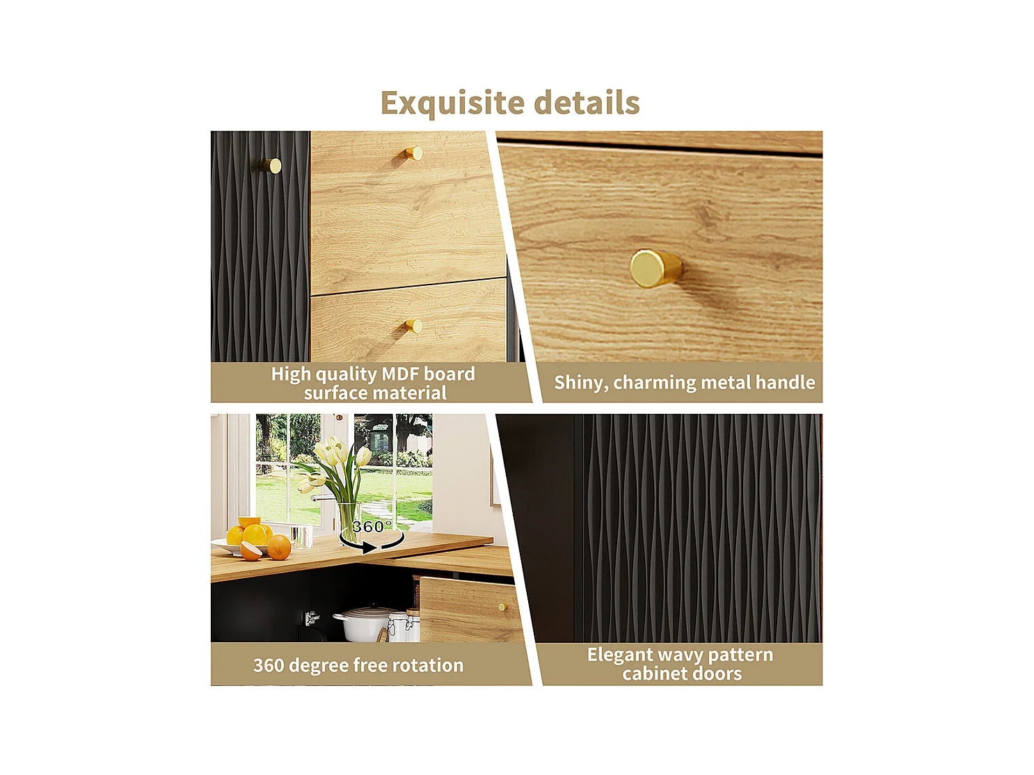 Buffet de cuisine table de bar extensible espace rangement plateau pivotant 360° moderne mobile table haute cuisine table bistrot grain de bois noir