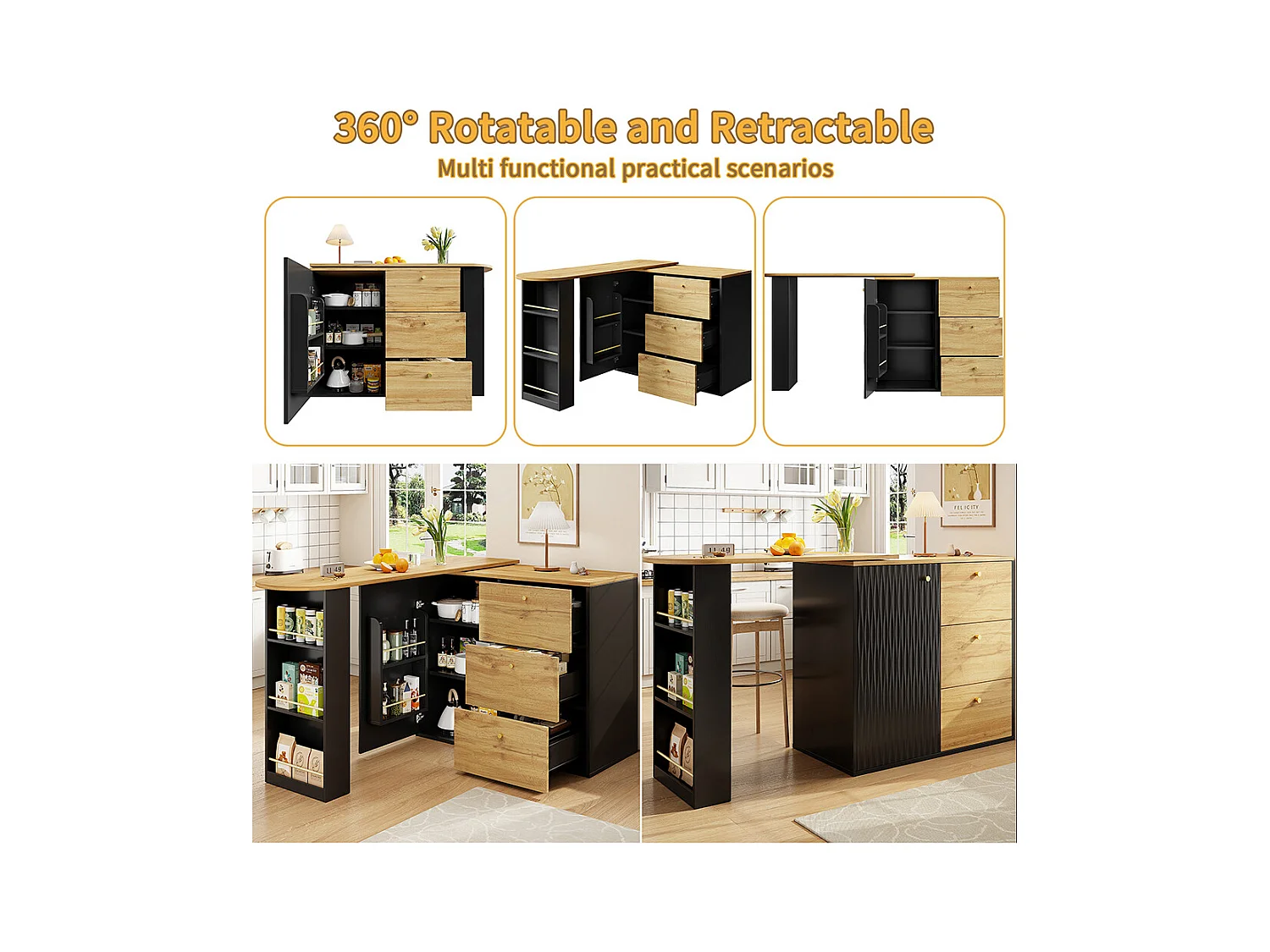 Buffet de cuisine table de bar extensible espace rangement plateau pivotant 360° moderne mobile table haute cuisine table bistrot grain de bois noir