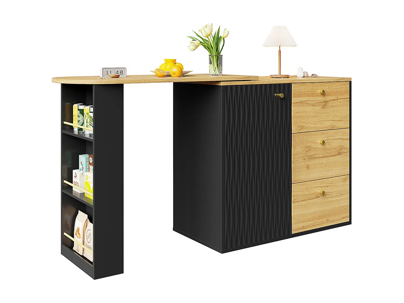 Buffet de cuisine table de bar extensible espace rangement plateau pivotant 360° moderne mobile table haute cuisine table bistrot grain de bois noir