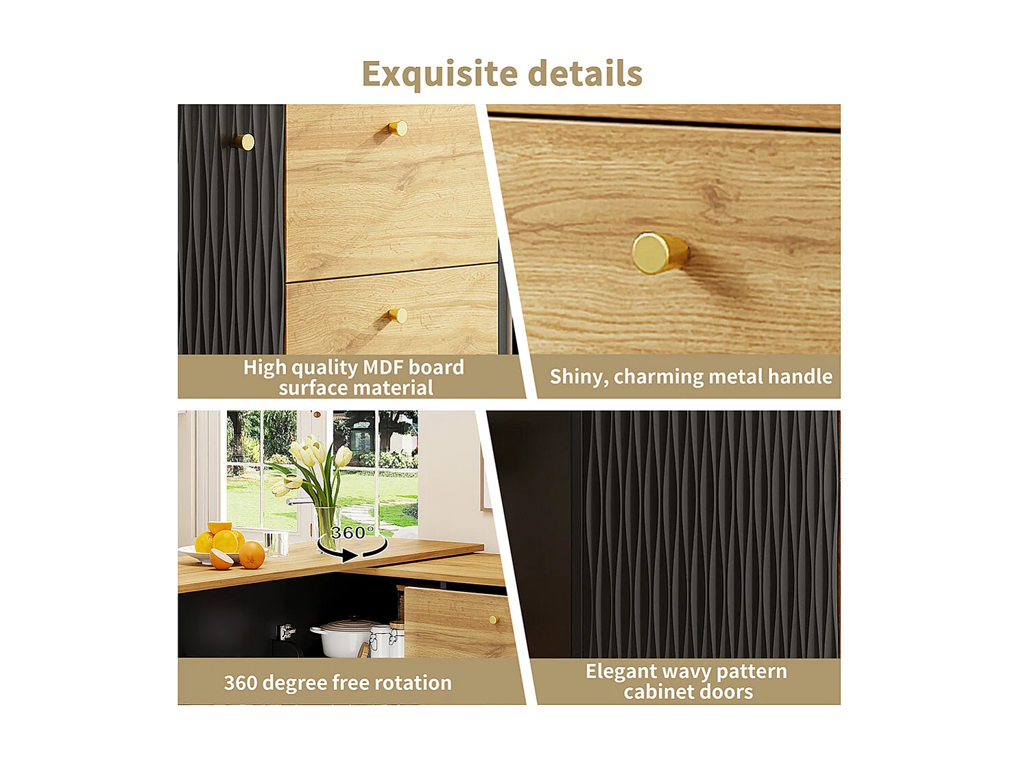 Buffet de cuisine table de bar extensible espace rangement plateau pivotant 360° moderne mobile table haute cuisine table bistrot grain de bois noir