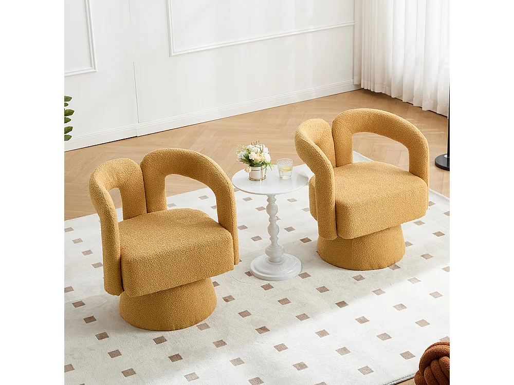 Fauteuil d'appoint pivotant 360° rond large rembourrage tissu moelleux couleur jaune moutarde multipièce
