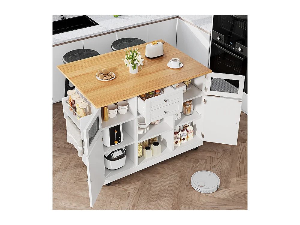 Buffet de cuisine veinure bois porte-serviettes latéral portes darmoire tridimensionnelles roulettes cloisons réglables blanc