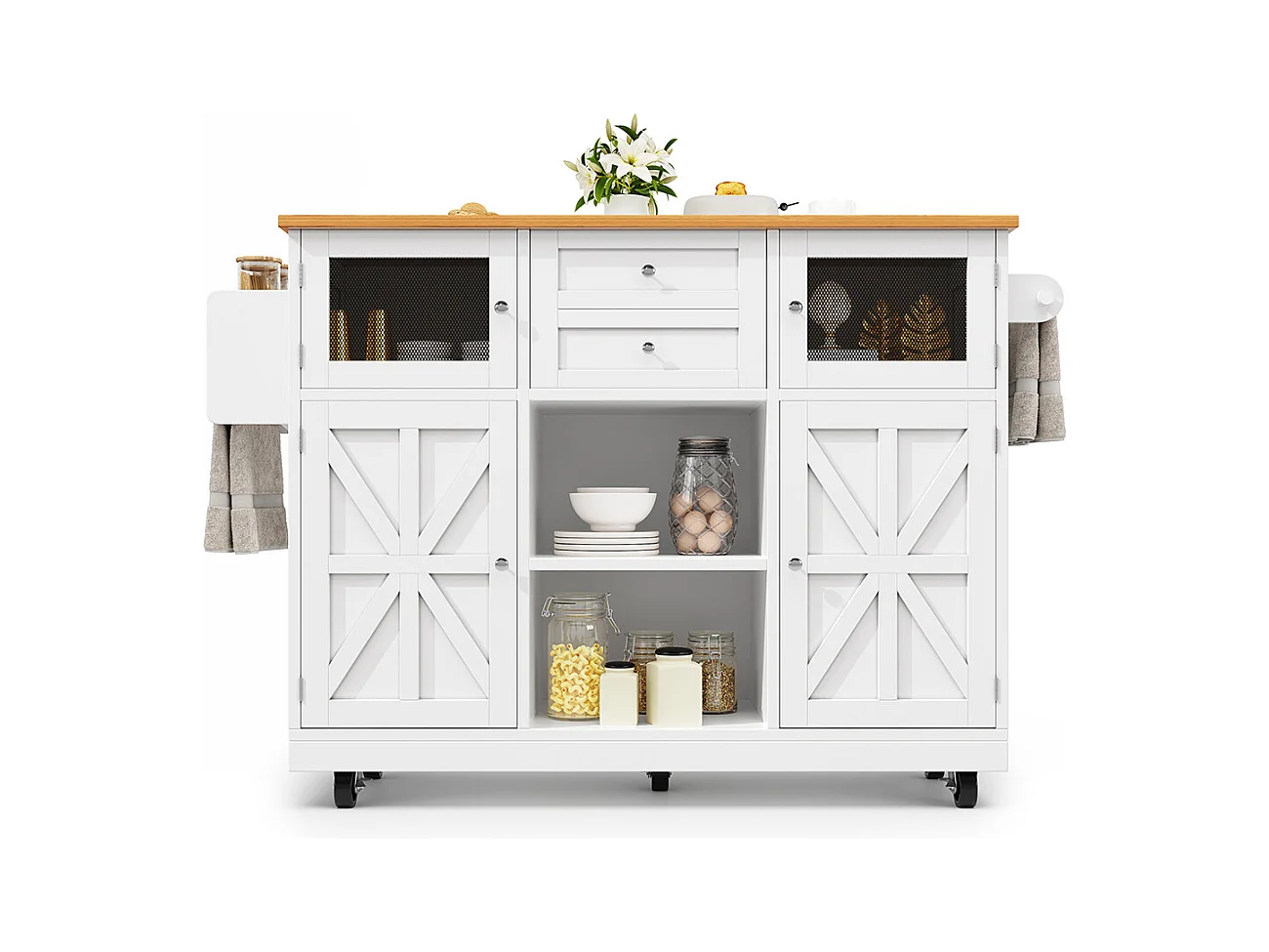 Buffet de cuisine veinure bois porte-serviettes latéral portes darmoire tridimensionnelles roulettes cloisons réglables blanc