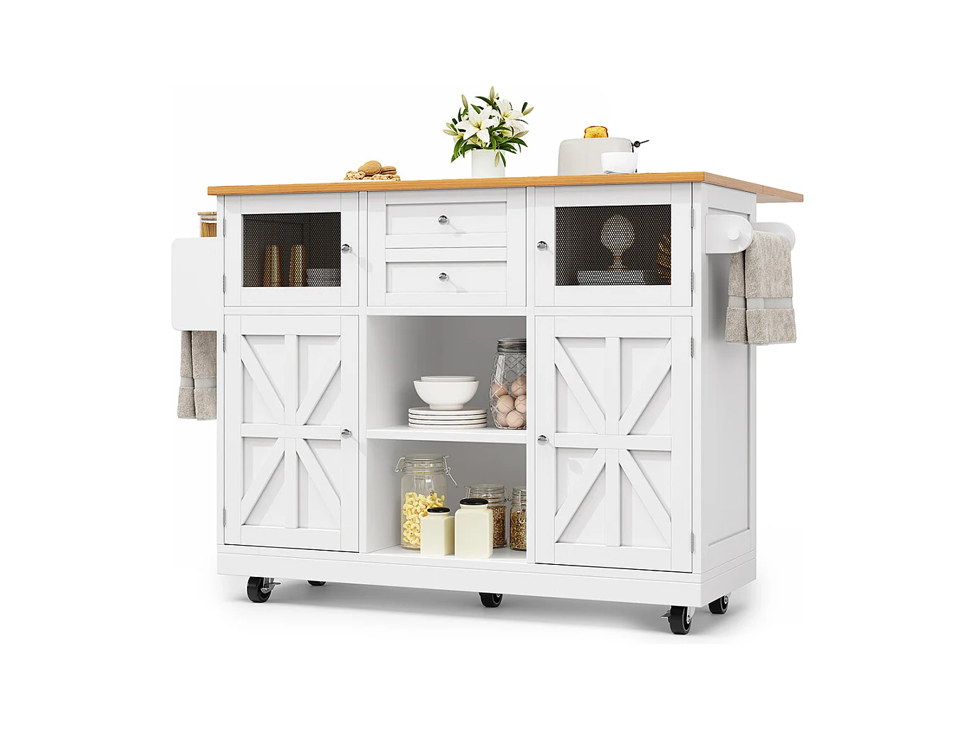 Buffet de cuisine veinure bois porte-serviettes latéral portes darmoire tridimensionnelles roulettes cloisons réglables blanc