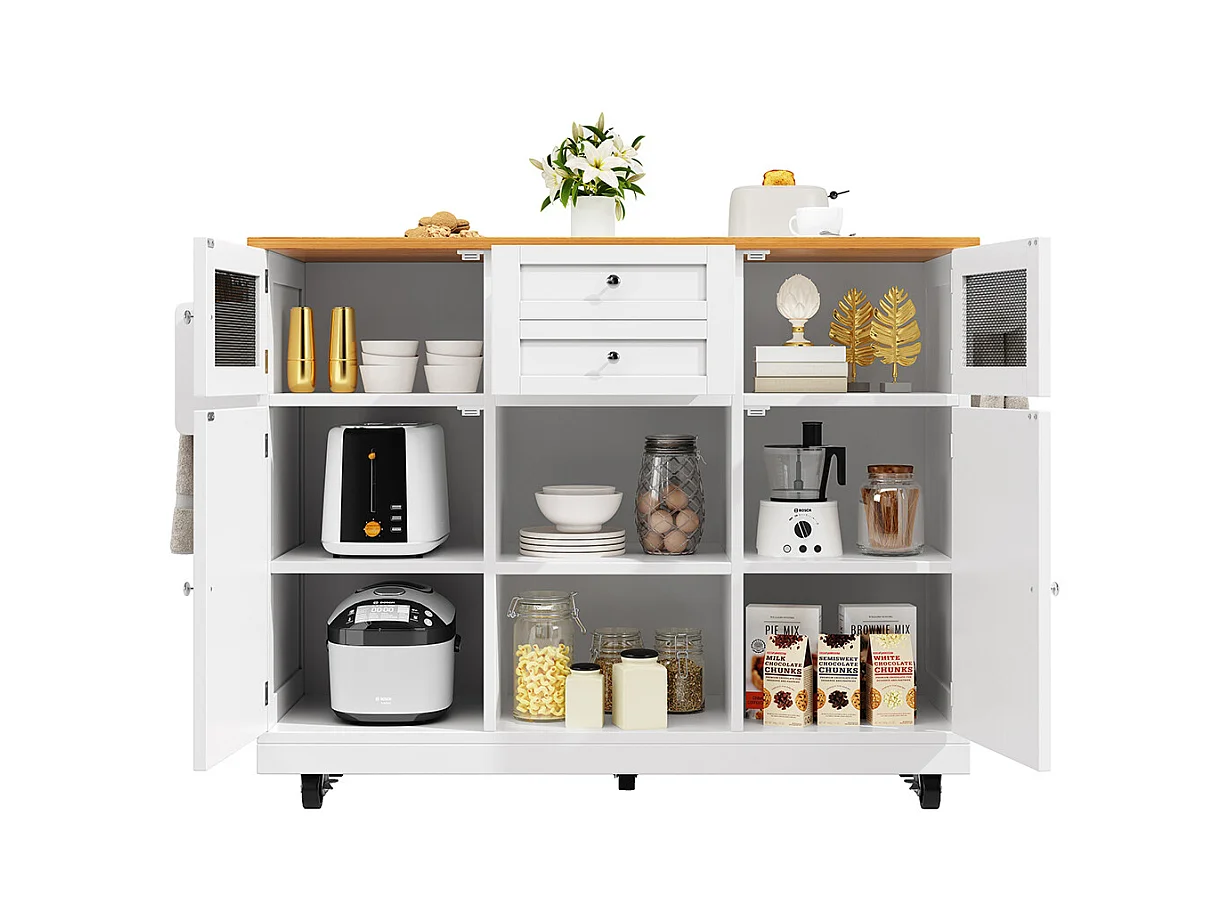 Buffet de cuisine veinure bois porte-serviettes latéral portes darmoire tridimensionnelles roulettes cloisons réglables blanc