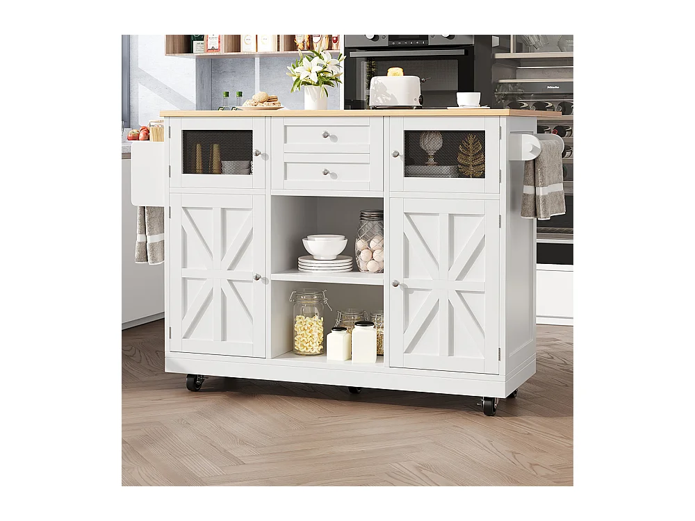 Buffet de cuisine veinure bois porte-serviettes latéral portes darmoire tridimensionnelles roulettes cloisons réglables blanc