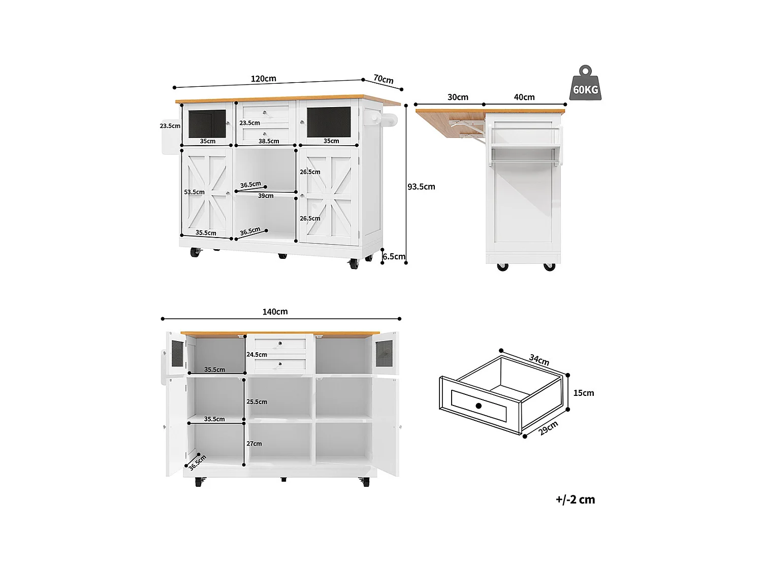 Buffet de cuisine veinure bois porte-serviettes latéral portes darmoire tridimensionnelles roulettes cloisons réglables blanc