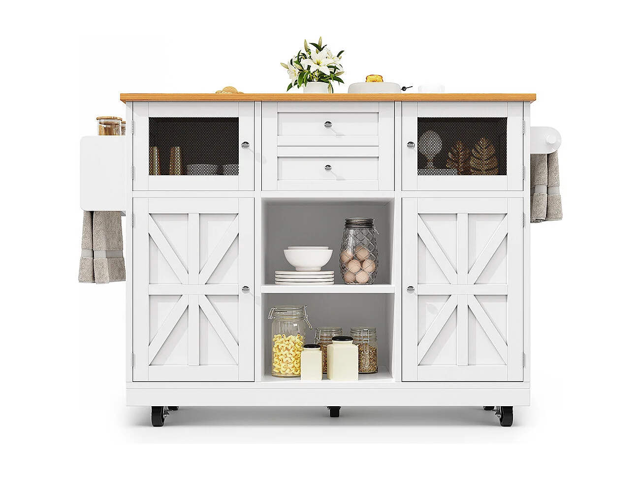 Buffet de cuisine veinure bois porte-serviettes latéral portes darmoire tridimensionnelles roulettes cloisons réglables blanc