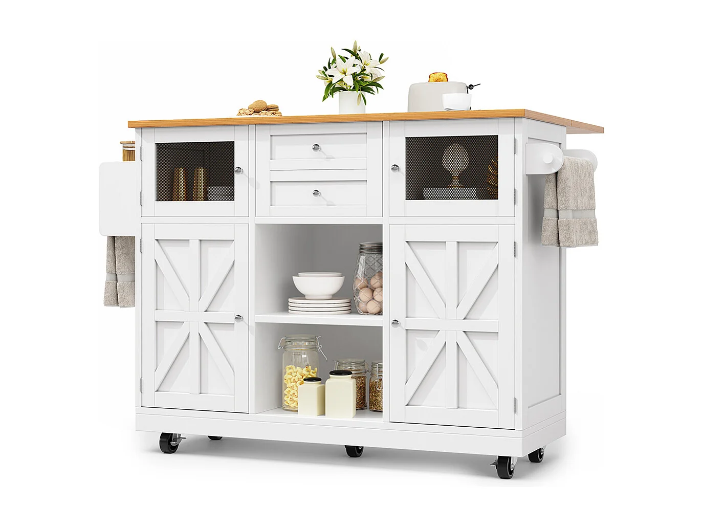 Buffet de cuisine veinure bois porte-serviettes latéral portes darmoire tridimensionnelles roulettes cloisons réglables blanc
