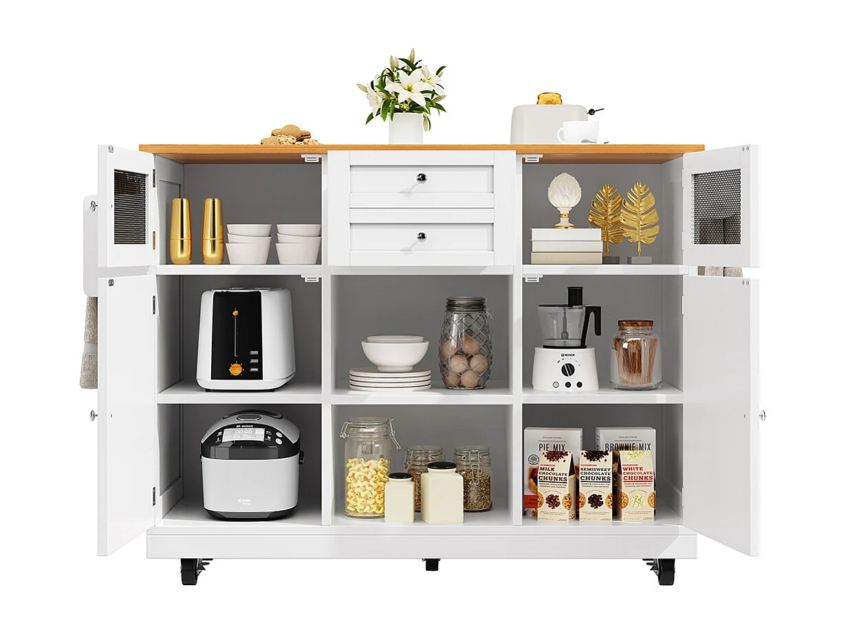 Buffet de cuisine veinure bois porte-serviettes latéral portes darmoire tridimensionnelles roulettes cloisons réglables blanc