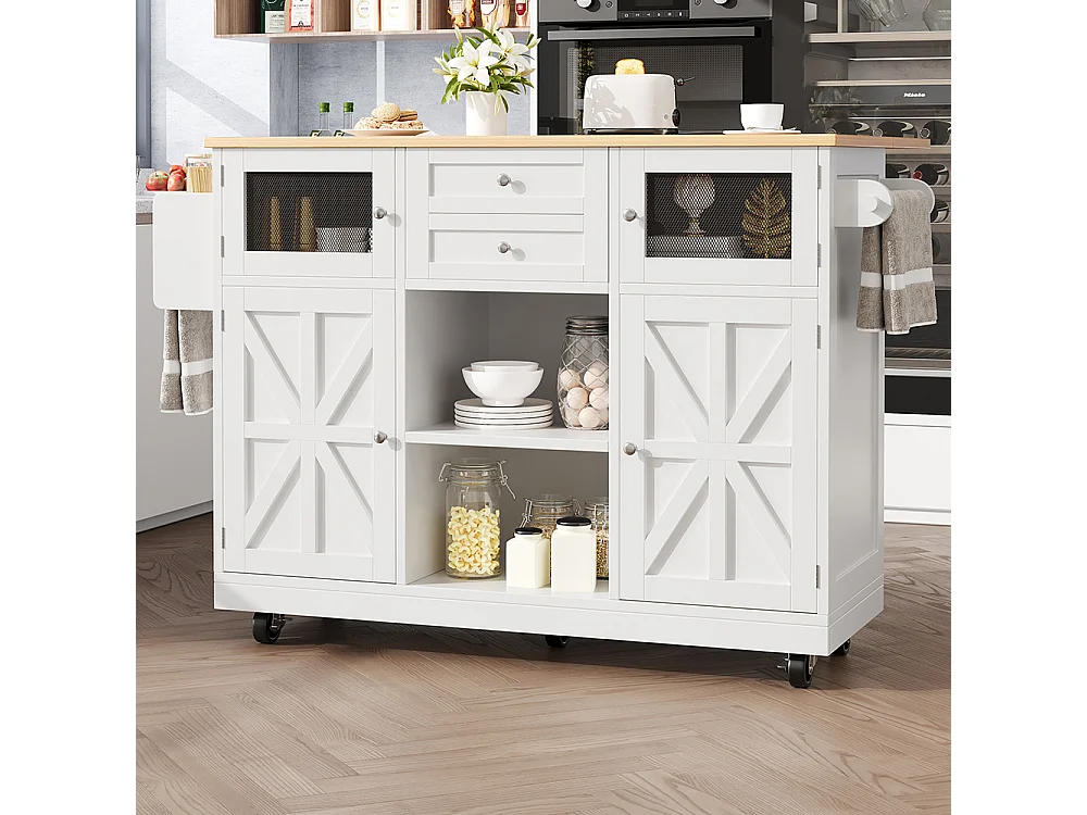 Buffet de cuisine veinure bois porte-serviettes latéral portes darmoire tridimensionnelles roulettes cloisons réglables blanc