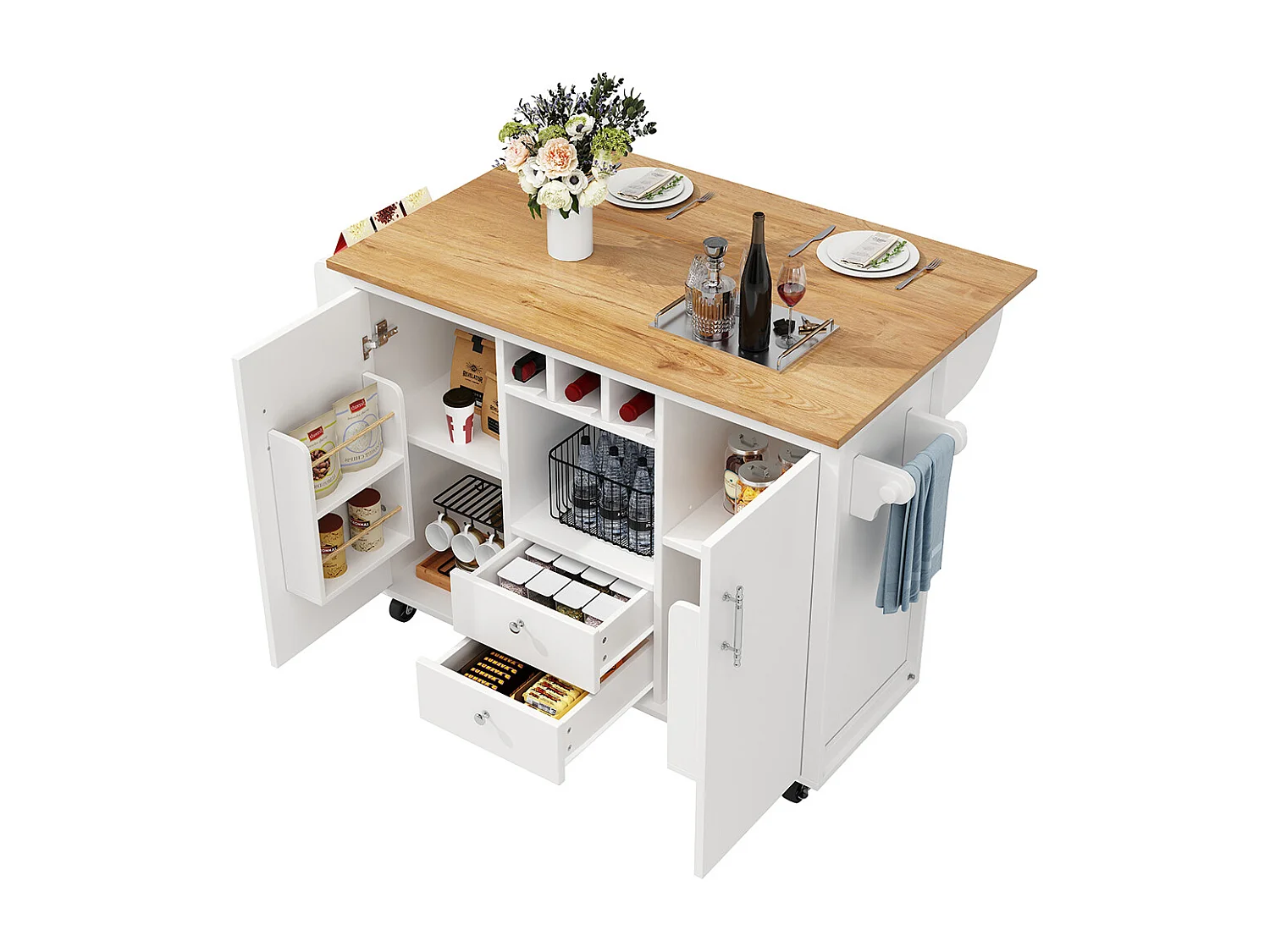 Buffet de cuisine chariot cuisine plan travail rabattable porte-serviettes étagère épices étagère porte casier bouteilles étagères réglables blanc