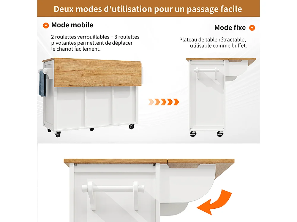 Buffet de cuisine chariot cuisine plan travail rabattable porte-serviettes étagère épices étagère porte casier bouteilles étagères réglables blanc