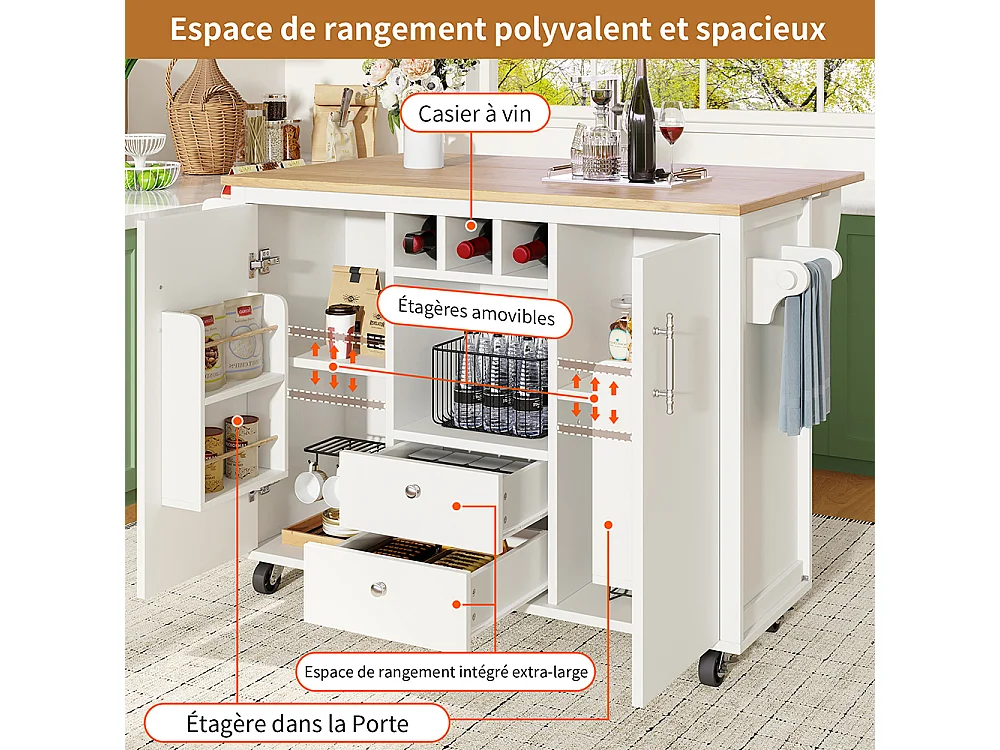 Buffet de cuisine chariot cuisine plan travail rabattable porte-serviettes étagère épices étagère porte casier bouteilles étagères réglables blanc