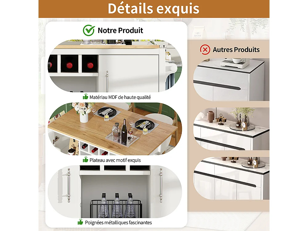 Buffet de cuisine chariot cuisine plan travail rabattable porte-serviettes étagère épices étagère porte casier bouteilles étagères réglables blanc