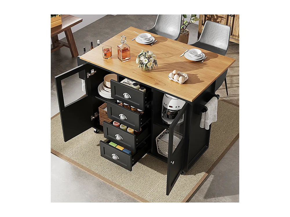 Buffet de cuisine îlot de cuisine chariot cuisine coulissant roulettes porte-serviettes étagère épices tablettes réglables 2 portes 4 tiroirs noir