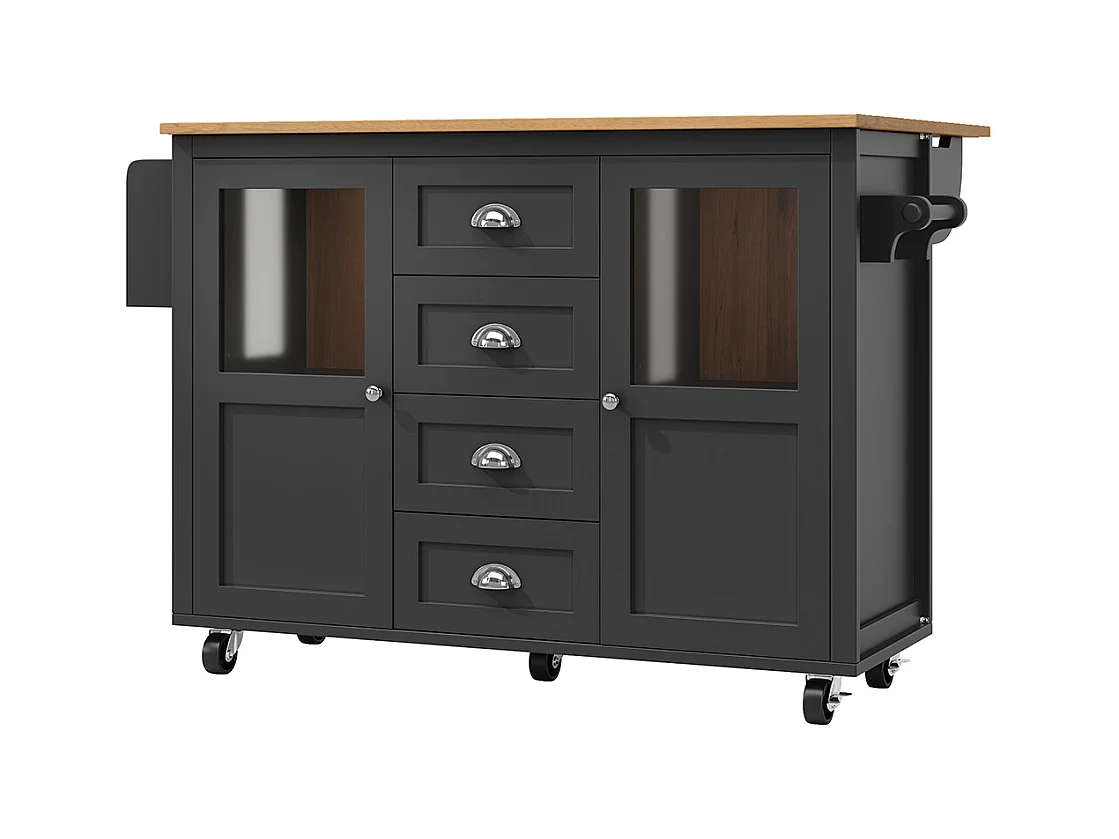 Buffet de cuisine îlot de cuisine chariot cuisine coulissant roulettes porte-serviettes étagère épices tablettes réglables 2 portes 4 tiroirs noir
