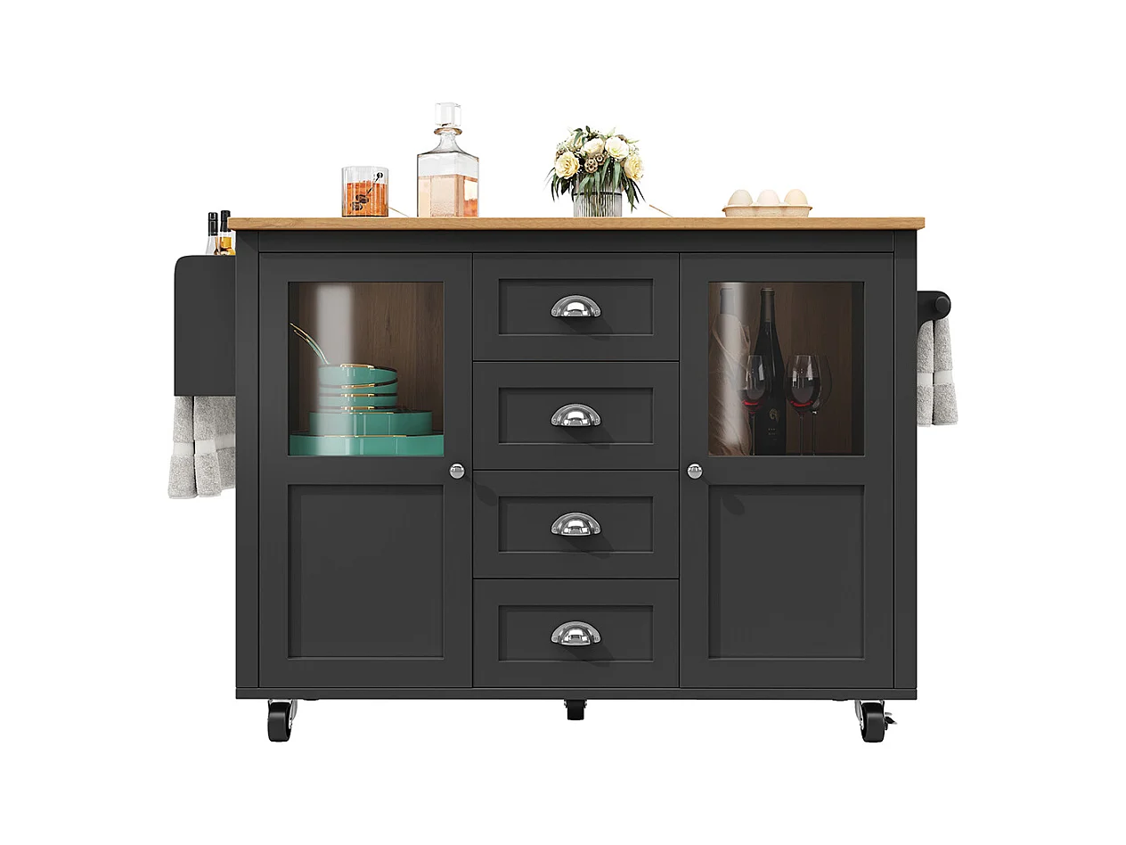 Buffet de cuisine îlot de cuisine chariot cuisine coulissant roulettes porte-serviettes étagère épices tablettes réglables 2 portes 4 tiroirs noir